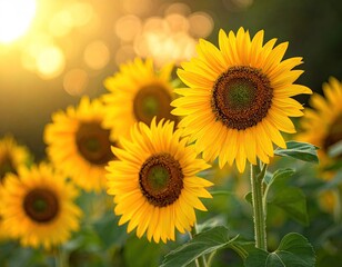 Obraz premium Radiant Sunflowers in Warm Sunlight with Blurred Background Floral Beauty and Golden Illumination in Field Floral Composition