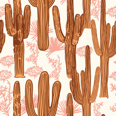Wild West Cactus and Cowboy Boots Boho Western Vector Seamless Pattern