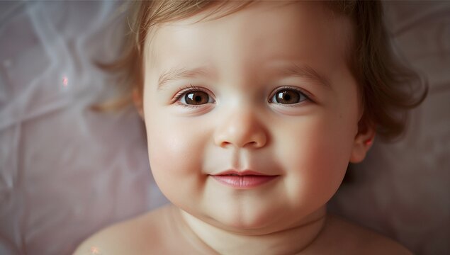 Highlighting light-skinned infant lying on sheet in bed, with chubby cheeks and catchlights in eyes