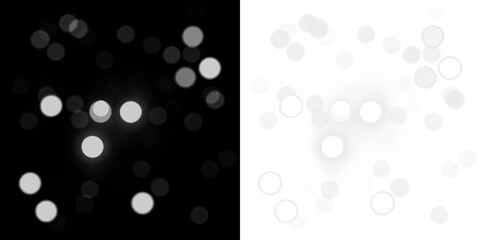 Abstract bokeh overlay with soft glowing circles on black and white backgrounds, creating a dreamy atmosphere for artistic and design applications with copy space