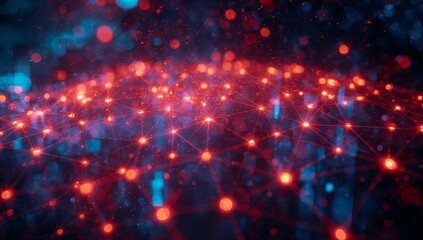 Displaying red nodes connected by thin red lines in virtual data space, with translucent rectangles