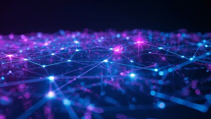 Displaying digital network grid hovering in virtual landscape, with glowing nodes and neon lines