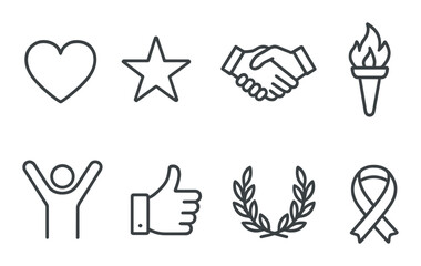 Obraz premium Set of eight grey symbols: heart, star, handshake, torch, person, thumbs up, laurel, ribbon