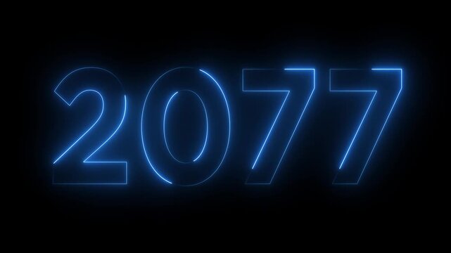 Glowing neon 2077 happy new year 2077 animated text new year on black background. Abstract 2077 neon text animation,