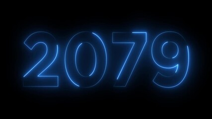 Glowing neon 2079 happy new year 2079 animated text new year on black background. Abstract 2079 neon text animation,