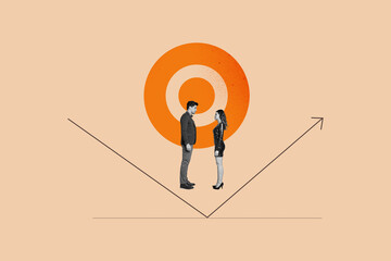 Collage showing creative concept of business growth and success with over rising arrow chart goal aim hitting center