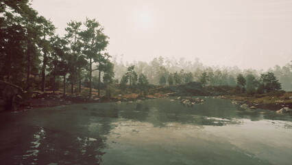 Crystal clear waters mirror the early morning sun, surrounded by lush greenery and towering trees. A peaceful scene invites quiet reflection and connection with natures beauty.