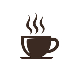 Coffee cup silhouette on clean white, simple hot drink illustration. Coffee cup design showing steam over ceramic mug, offering invitation to relax. Use coffee cup for cafe advertisements, shop logos,