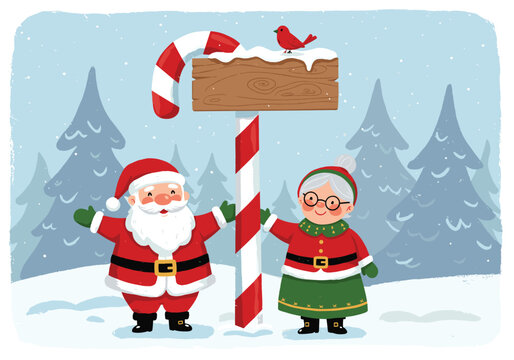 Santa and Mrs. Claus standing by candy cane pole in snowy North Pole scene, perfect for Christmas greeting card or festive design
