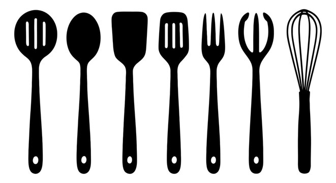 A set of kitchen utensils including a spatula, fork, whisk, and knife. The utensils are all black. Vector. Silhouette illustration.