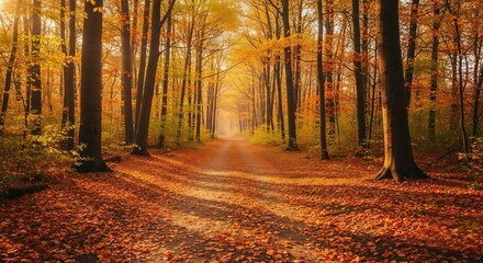 Obraz premium Sunlight streams through the colorful, yellow and orange foliage of birch trees lining a path in the autumn forest