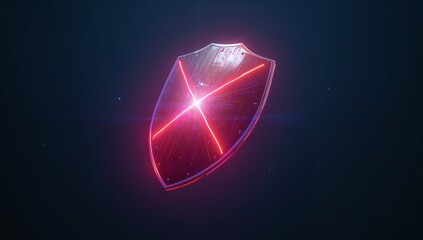 Floating shield emblem emitting neon red lines in dark void, with glowing core and drifting sparks