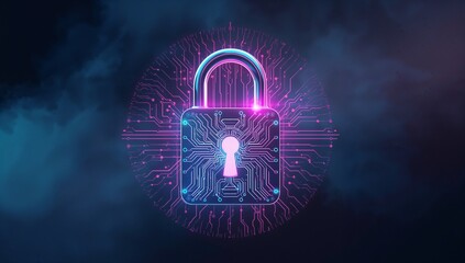 Emitting neon padlock icon glowing blue-pink light in smoky haze, radiating digital circuitry lines