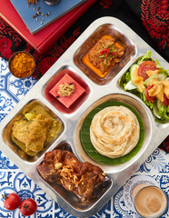 Thai Muslim Food Set with Roti, Curry, and Fried Beef – Traditional Halal Cuisine Top View