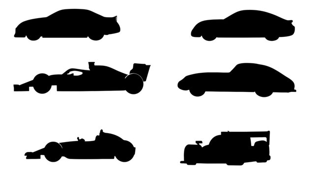 A series of car silhouettes are shown, including a Ferrari, a Porsche, and a McLaren. Vector. Silhouette illustration.