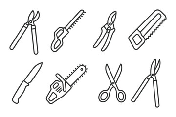 Obraz premium Set of gardening and cutting tools icons on dark background