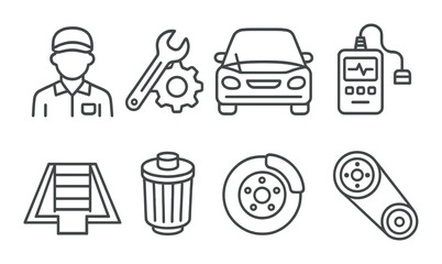 Automotive icons featuring mechanic, car, and repair tools on gray background