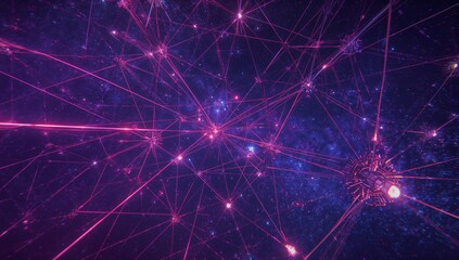 Displaying glowing network nodes connecting around central hub in cosmic grid space, magenta lines