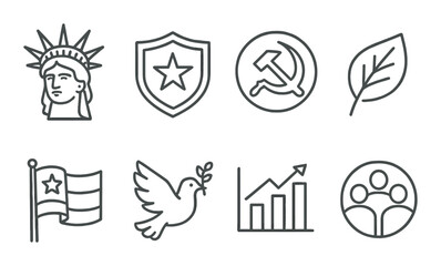 Outline icons featuring liberty, symbols, and growth on textured background