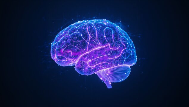 Floating neon brain visualization in abstract digital space, connecting network nodes