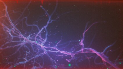 Glowing network of neural tendrils weaving in digital space, with green dots and red vignette
