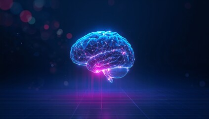 Floating 3D wireframe brain model pulsing above grid floor, with neon nodes, bokeh light dots