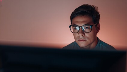 Focusing Asian programmer typing code at desk in home office, with glasses reflecting monitor glow