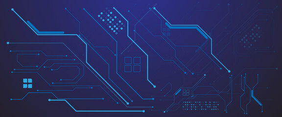 Glowing light blue neon AI chip with thin circuit contact lines.