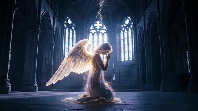 Glowing angelic figure kneeling in dark gothic interior with sunlight