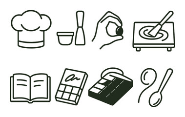 Culinary icons: chef hat, cooking ingredients, utensils, cookbook, calendar illustration