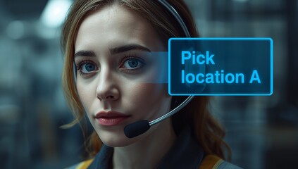 Female worker confirming pick location overlay prompt in warehouse, with headset and vest straps