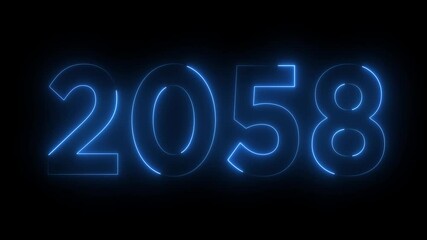 Glowing neon 2058 happy new year 2058 animated text new year on black background. Abstract 2058 neon text animation,