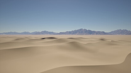 Golden sands stretch across the horizon, creating endless waves. In the distance, majestic mountains rise under the bright blue sky, offering a stunning contrast to the serene landscape.