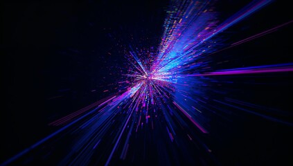 Bursting neon pixels and glowing light beams shooting in dark void with digital particle clusters