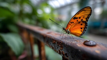 Fototapeta premium Orange butterfly with black spots perched on a rusted metal railing. Concept Orange butterfly with black spots on rusted metal railing, Macro butterfly on weathered industrial railing