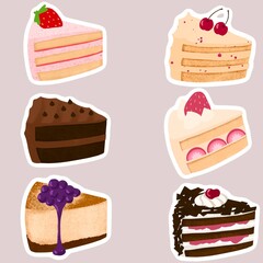 A cute illustration of six cake slices in different flavors. Each slice looks sweet and colorful, perfect for dessert-themed stickers, prints, or digital art with a fun and tasty vibe.