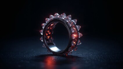 Glowing metal ring radiating red light on dark tabletop, showcasing triangular clear gemstones