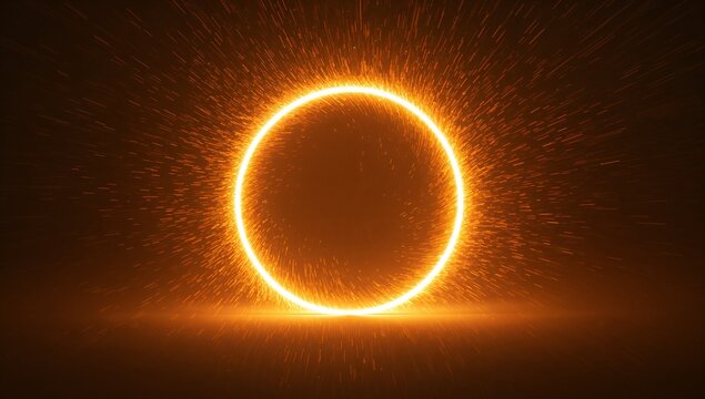 Floating luminous orange ring emitting fiery particles over dark reflective floor with radiant glow - Powered by Adobe
