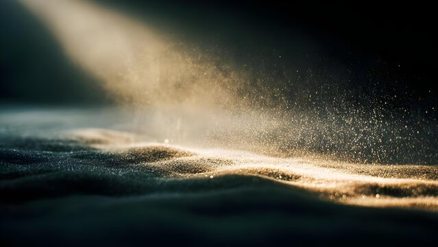 Dust particles illuminated by a beam of light, drifting and glittering above a sandy surface. Concept Dust Particles, Beam of Light, Sand Surface, Glittering Drift, Atmospheric Texture