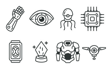 Futuristic technology icons: robotics, ai, augmented reality, and cybernetics