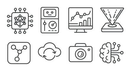 Technology and data icons: ai, graphs, cloud, camera, neural network conceptual imagery