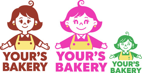 Three bakery logos featuring cartoon women in aprons with the text your's bakery