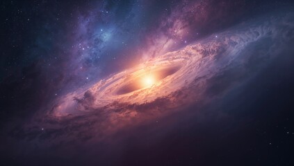 Glowing core and swirling accretion disk casting glow in deep space, with nebula clouds, stars