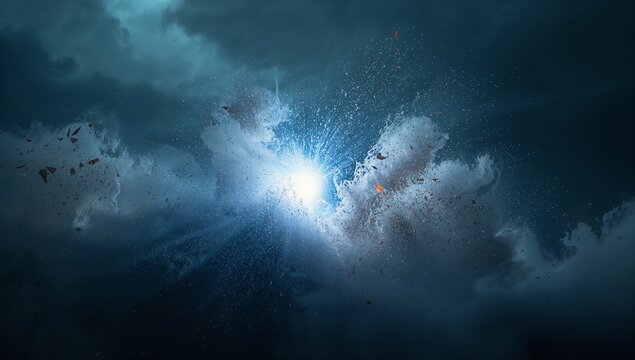 Bright luminous burst radiating bluish-white beams in deep space nebula, scattering glowing embers - Powered by Adobe