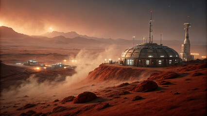 Obraz premium A futuristic colony on Mars sits on rocky terrain, surrounded by dust clouds. Distant mountains glow under a warm sky, with lights of structures shining in the background at dusk