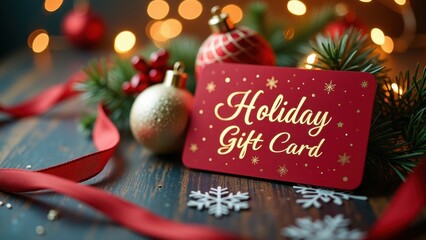 Red holiday gift card displayed on wooden surface, surrounded by christmas ornaments pine branches red ribbon gold baubles snowflakes and warm bokeh lights