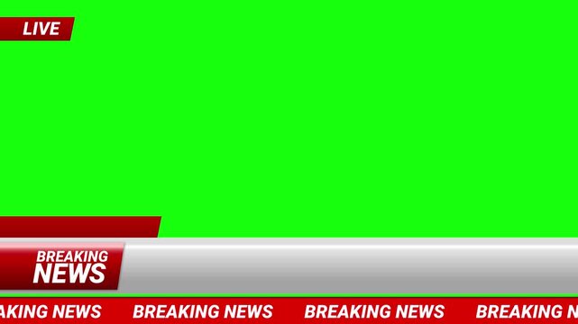 Breaking News lower third animation with green screen background and scrolling ticker. Perfect for live streams, news videos, and TV broadcast graphics.