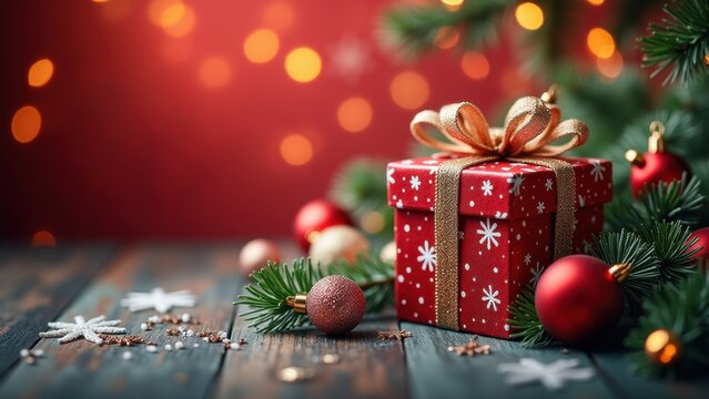 Red christmas gift box with gold ribbon bow on wooden surface, surrounded by pine branches red ornaments snowflakes and warm bokeh lights in festive holiday scene