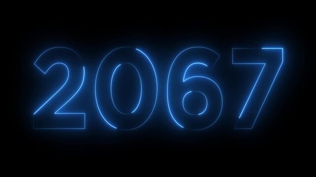 Glowing neon 2067 happy new year 2067 animated text new year on black background. Abstract 2067 neon text animation,