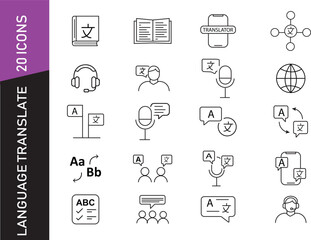 Language Translate Line Icons – 20 Minimal Vector Symbols for Global Communication, Translation App, and Linguistic Interface Design